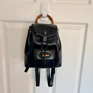 Authentic Gucci Bamboo Black Leather Drawstring Backpack Tote EUC